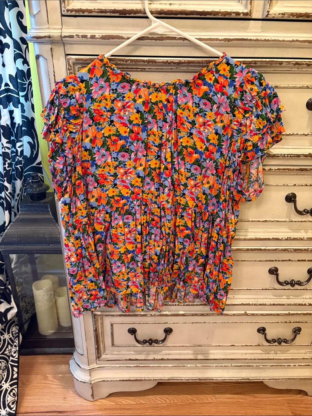 Umgee Orange Multi Floral Pleated Blouse